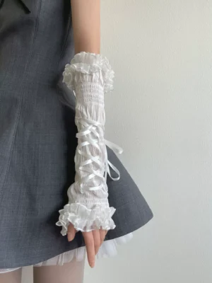 Gothic Balletcore Lace-Up Mesh Arm Warmers – Lolita Ruffled Fingerless Long Sleeves for Women