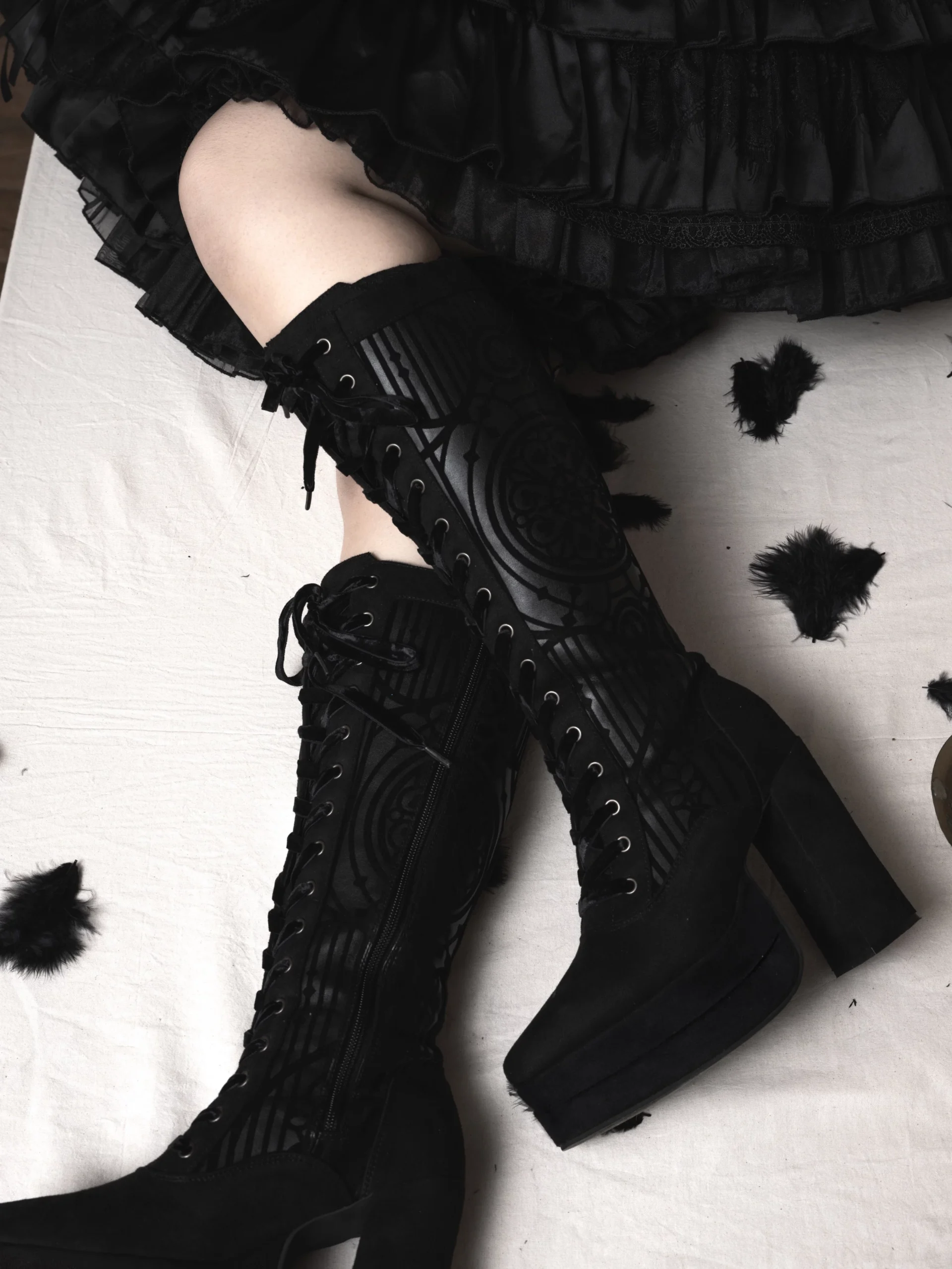 Lacy Bones Gothic Cathedral Pattern Knee-High Boots – Dark Subculture Platform High Heel Lace-Up Boots