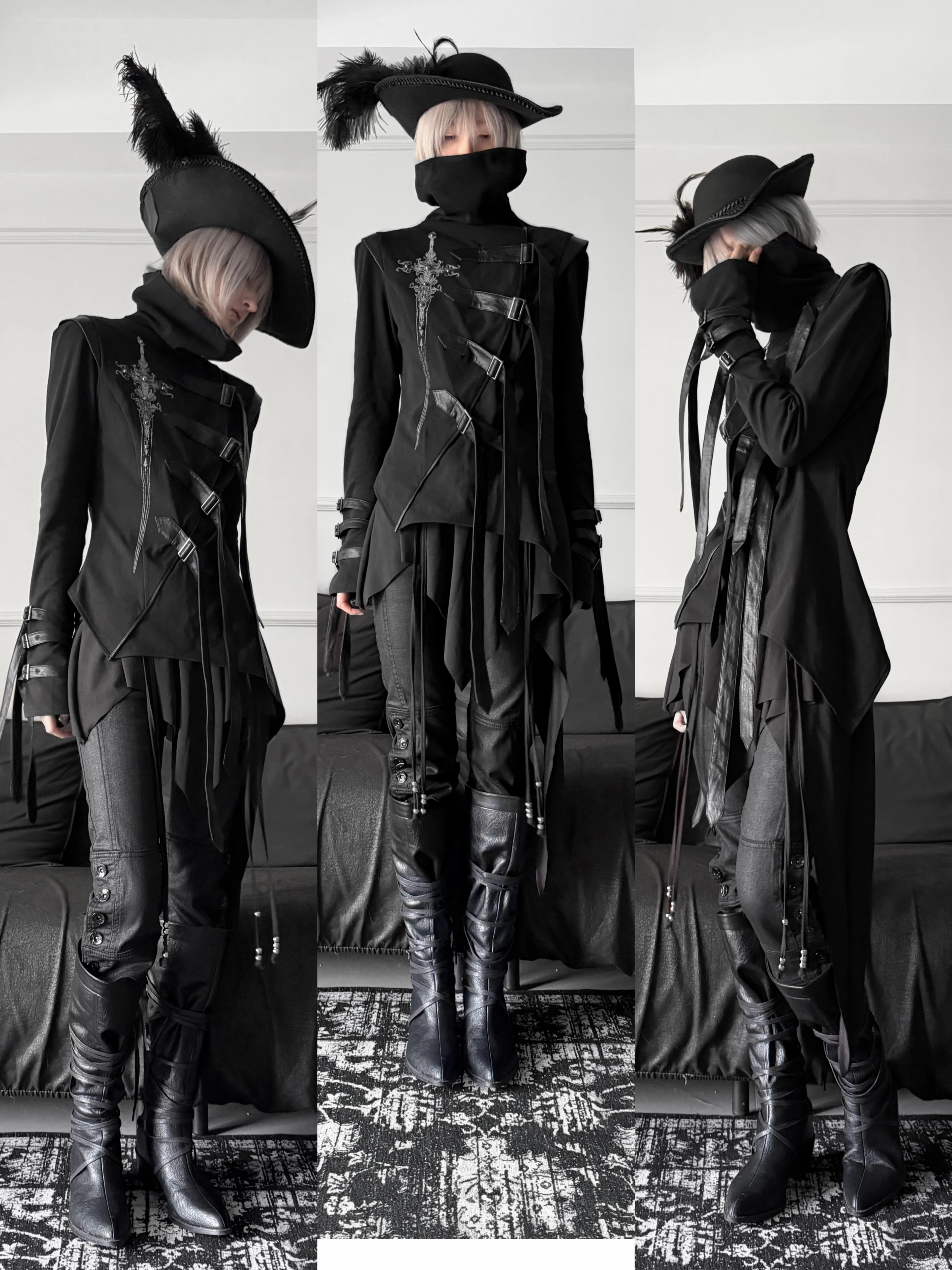 CroixDragon Gothic Sword Print High Collar Buckled Top – Darkwear Asymmetric Strapped Tunic Jacket for Unisex