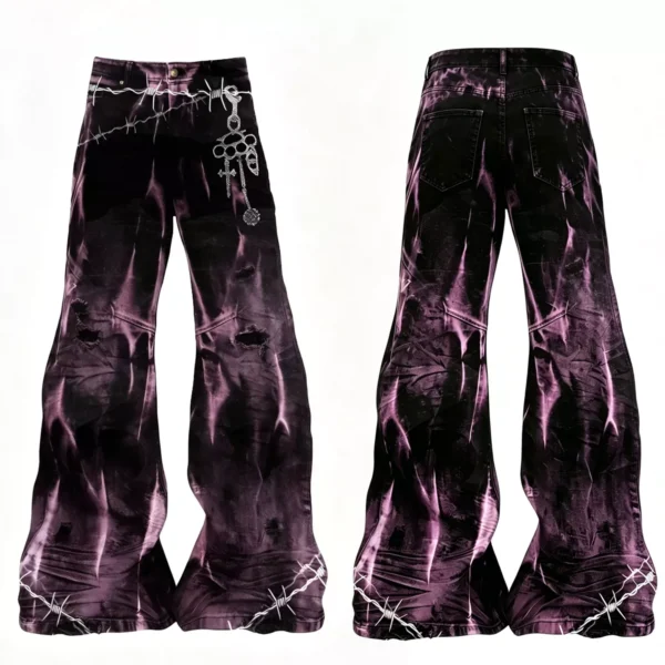 ROGIC Barb Print Tie-Dye Distressed Flare Jeans – Unisex Cyberpunk Gothic Washed Wide-Leg Denim Pants