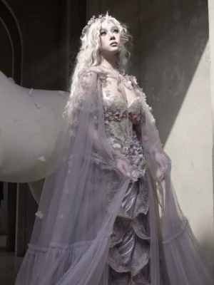 Moonlight Spirit Handmade Floral Hooded Mesh Cape – Ethereal Fairycore Tulle Sheer Cloak