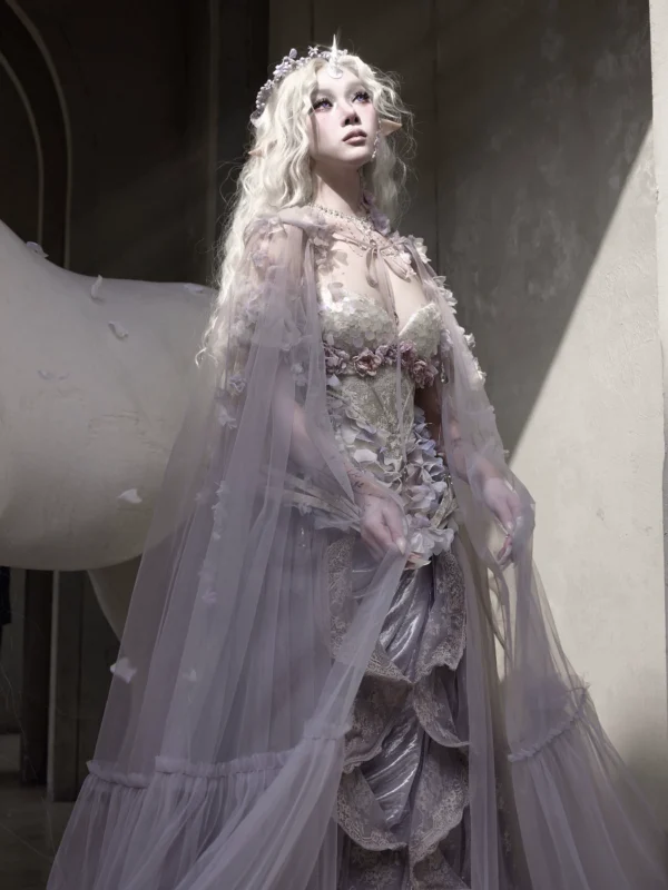 Moonlight Spirit Handmade Floral Hooded Mesh Cape – Ethereal Fairycore Tulle Sheer Cloak