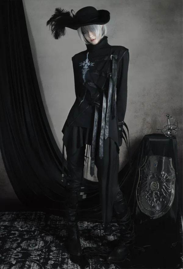 CroixDragon Gothic Sword Print High Collar Buckled Top – Darkwear Asymmetric Strapped Tunic Jacket for Unisex