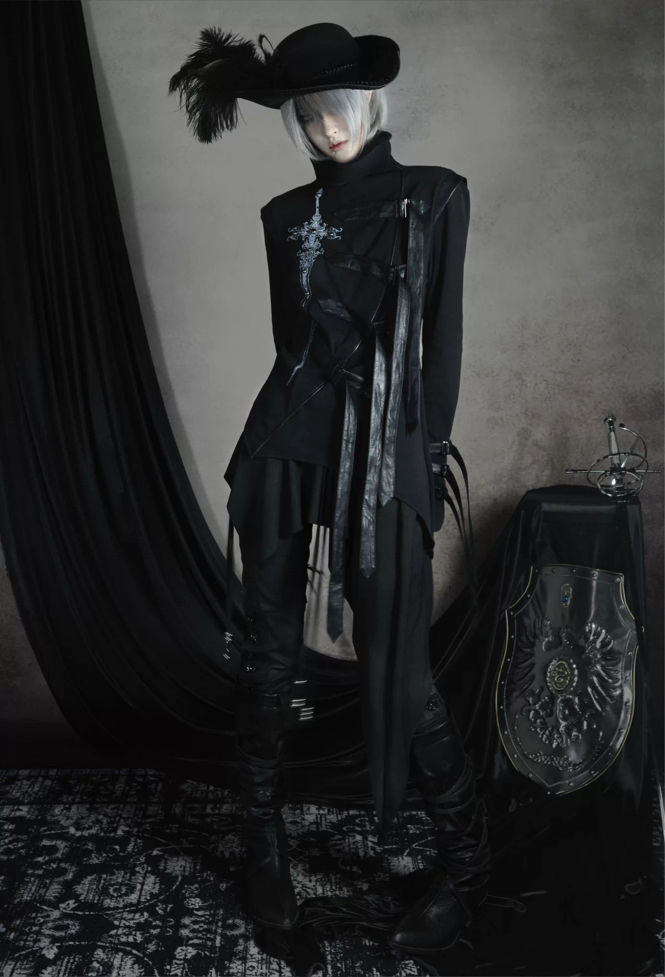 CroixDragon Gothic Sword Print High Collar Buckled Top – Darkwear Asymmetric Strapped Tunic Jacket for Unisex