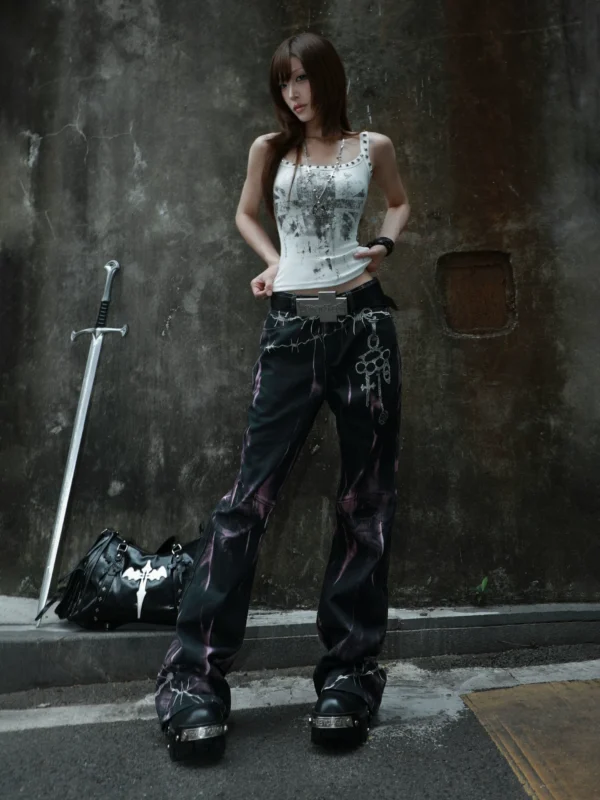 ROGIC Barb Print Tie-Dye Distressed Flare Jeans – Unisex Cyberpunk Gothic Washed Wide-Leg Denim Pants