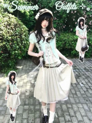 Vintage Mori Kei Mint Green 3-Piece Outfit Set – Short Sleeve Cardigan, Inner Blouse & Polka Dot Midi Skirt