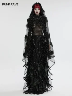 PUNK RAVE Gothic Feather & Floral Mesh Veil (WS-731FSF) – Black Sheer Cathedral Veil Accessory for Halloween & Cosplay