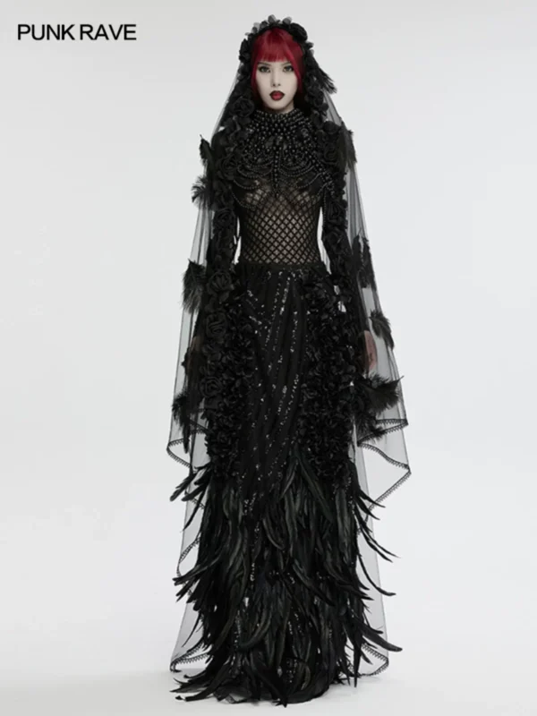 PUNK RAVE Gothic Feather & Floral Mesh Veil (WS-731FSF) – Black Sheer Cathedral Veil Accessory for Halloween & Cosplay