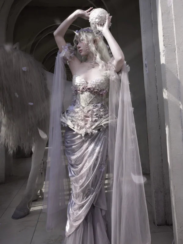 Moonlight Spirit Silver-Foil Ruched Mermaid Skirt – Ethereal Fairycore Layered Mesh Maxi Skirt