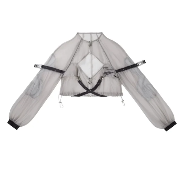 Infinite War Zone Cyberpunk Techwear Lolita 3-Piece Set – Crop Tank Top, Sheer Mesh Outer Jacket & Tactical Cargo Pants