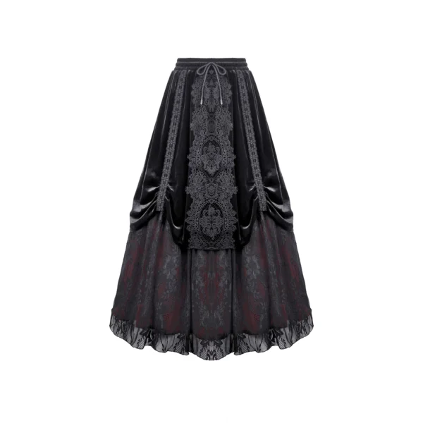 DARK IN LOVE KW457 Gothic Black Velvet Lace Patchwork Maxi Skirt – Vintage Layered Dark Red Lined Ruched Swing Skirt
