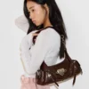 VFVF Vintage Biker Leather Shoulder Bag – Y2K Metallic Heart Studded Baguette Hobo Bag