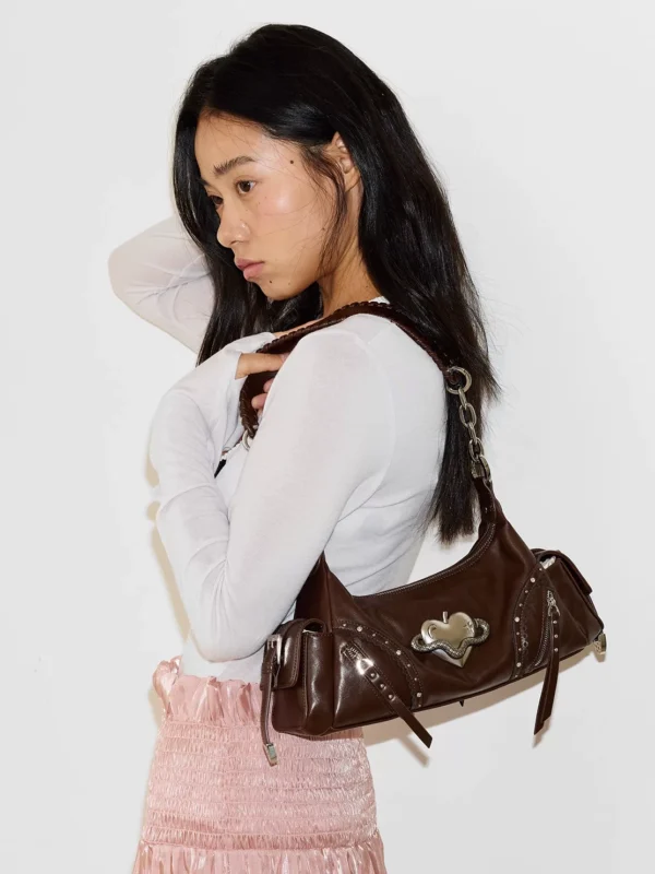 VFVF Vintage Biker Leather Shoulder Bag – Y2K Metallic Heart Studded Baguette Hobo Bag