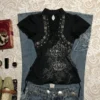 Vintage Floral Printed Grommet Lace-Up Short-Sleeve Top – Chinese Style Keyhole Stand Collar Slim Fit Blouse