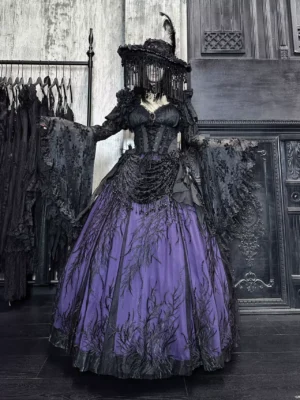 EVA LADY Gothic Dark Victorian Beaded Lace Maxi Skirt – Elegant Heavy Craft Vintage Black Purple Long Skirt ESKT067