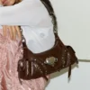 VFVF Vintage Biker Leather Shoulder Bag – Y2K Metallic Heart Studded Baguette Hobo Bag