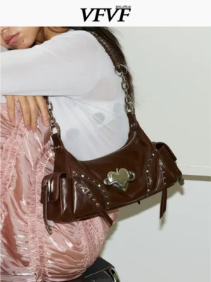 VFVF Vintage Biker Leather Shoulder Bag – Y2K Metallic Heart Studded Baguette Hobo Bag