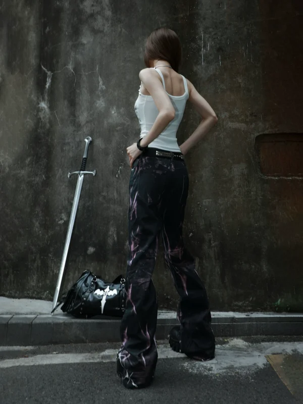ROGIC Barb Print Tie-Dye Distressed Flare Jeans – Unisex Cyberpunk Gothic Washed Wide-Leg Denim Pants