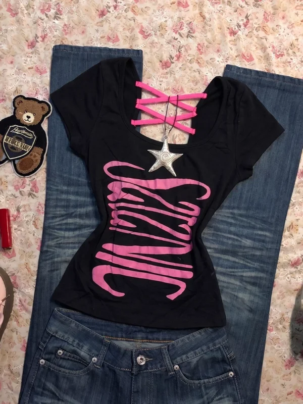 Y2K Cyber Graffiti Print Fitted T-Shirt – Pink Criss-Cross Strappy Neck Short Sleeve Slim Fit Crop Top