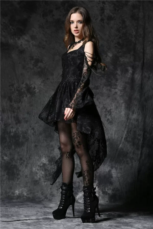 Women's Dark Gothic Cold Shoulder Lace Dress – Off-Shoulder Lace-Up High-Low Maxi Gown