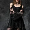 Women's Dark Gothic Cold Shoulder Lace Dress – Off-Shoulder Lace-Up High-Low Maxi Gown
