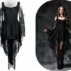 Women's Dark Gothic Cold Shoulder Lace Dress – Off-Shoulder Lace-Up High-Low Maxi Gown