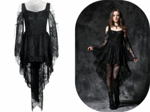 Women's Dark Gothic Cold Shoulder Lace Dress – Off-Shoulder Lace-Up High-Low Maxi Gown