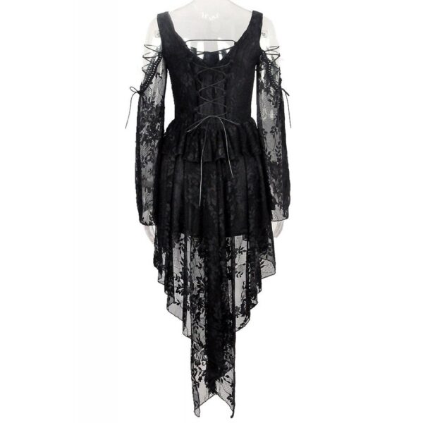 Women's Dark Gothic Cold Shoulder Lace Dress – Off-Shoulder Lace-Up High-Low Maxi Gown