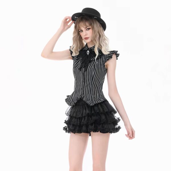 Dark in Love Gothic Striped Sleeveless Blouse – Vintage Ruffled Lapel Bowknot Corset Top for Women (IW152)