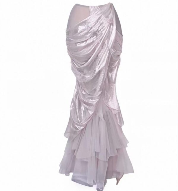 Moonlight Spirit Silver-Foil Ruched Mermaid Skirt – Ethereal Fairycore Layered Mesh Maxi Skirt