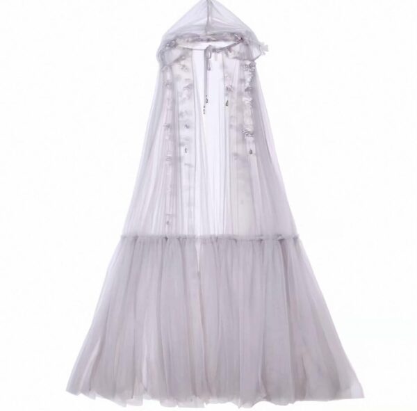 Moonlight Spirit Handmade Floral Hooded Mesh Cape – Ethereal Fairycore Tulle Sheer Cloak