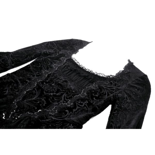 Gothic Luxe Lace-Trim Pattern Velvet Mini Dress – Dark Romantic Flare Sleeve Victorian Goth Party Dress (DW930)