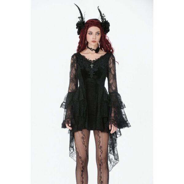74be561835270658c2cd19580751e5e6.image.666x1000 Dark in Love Gothic Velvet & Lace Flare Sleeve Mini Dress with Train – Vintage Dark Romantic High-Low Dress (DW1128)