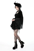 Gothic Luxe Lace-Trim Pattern Velvet Mini Dress – Dark Romantic Flare Sleeve Victorian Goth Party Dress (DW930)