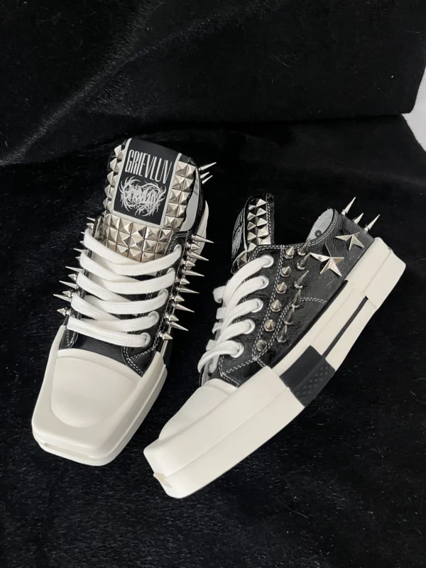 Gothic Star Studded Square Toe Low-Top Leather Sneakers – Punk Rock Metal Spike Unisex Subculture Streetwear Shoes