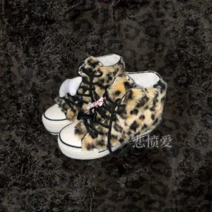 Leopard Print Faux Fur Platform Sneakers – Y2K Mid-Top High-Top Fluffy Subculture Canvas Shoes for Punk Harajuku Streetwear