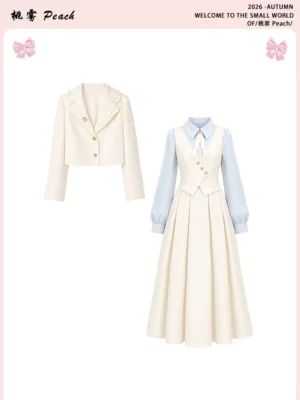 Vintage Preppy Ruffled Blazer & Two-Piece Layered Midi Dress Set – Elegant French Academy Style Autumn Outfit