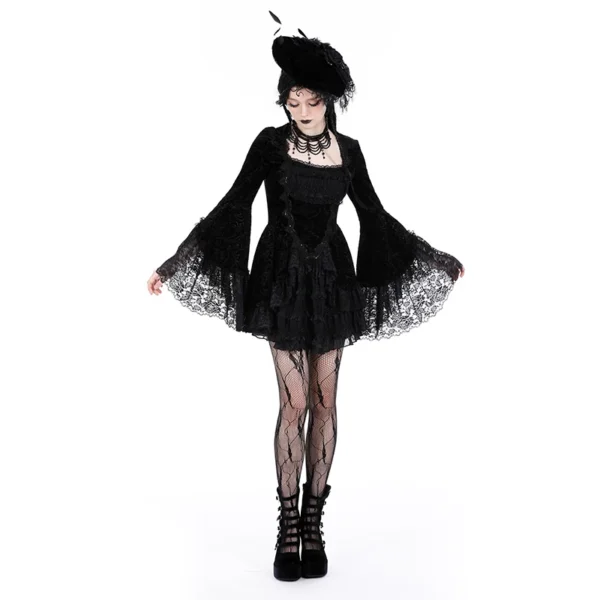 Gothic Luxe Lace-Trim Pattern Velvet Mini Dress – Dark Romantic Flare Sleeve Victorian Goth Party Dress (DW930)