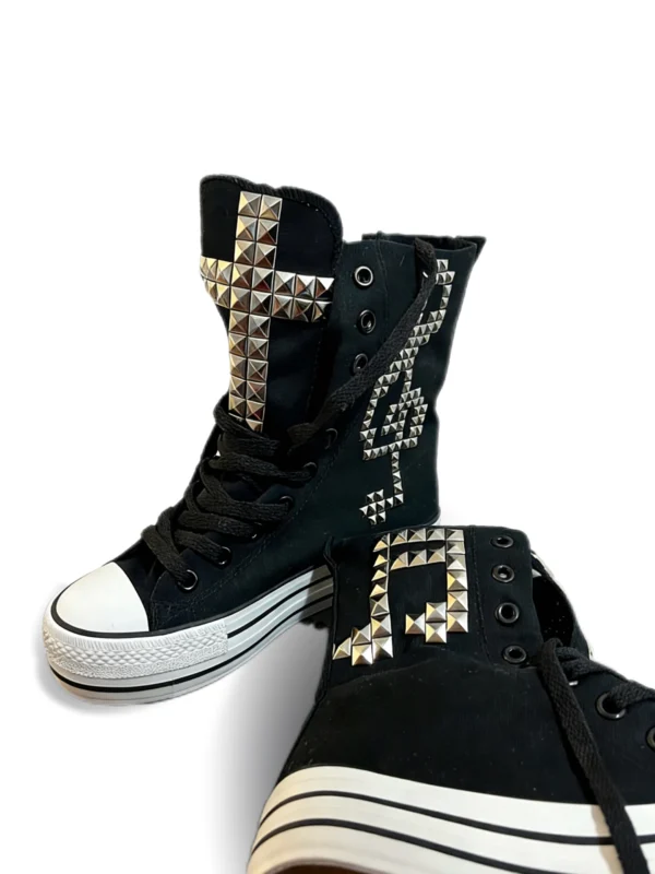 Gothic Studded Cross High-Top Platform Canvas Shoes – Y2K Visual Kei Side-Zip Hidden Wedge Heel Sneakers for Underground Punk Alt Aesthetics