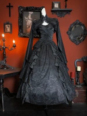 Dark in Love Gothic Dark V-Neck Lace Satin Cami Dress – Vintage Layered Ruffled Long Evening Gown (DW1154)