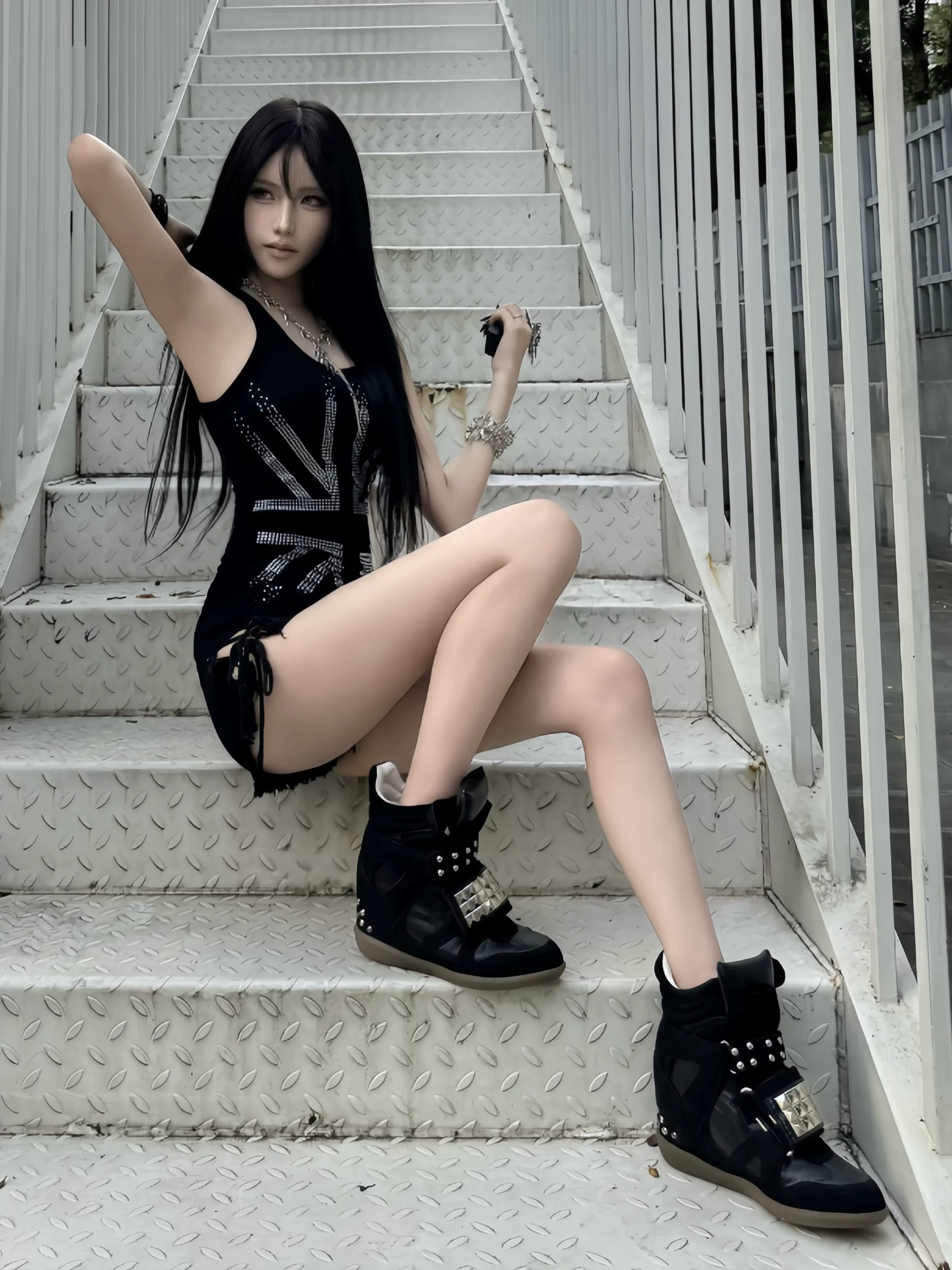 Y2K Visual Kei Studded Wedge High-Top Sneakers – Unisex Black Cyber ​​Punk Alternative Subculture Platform Shoes with Hidden Wedge Heel