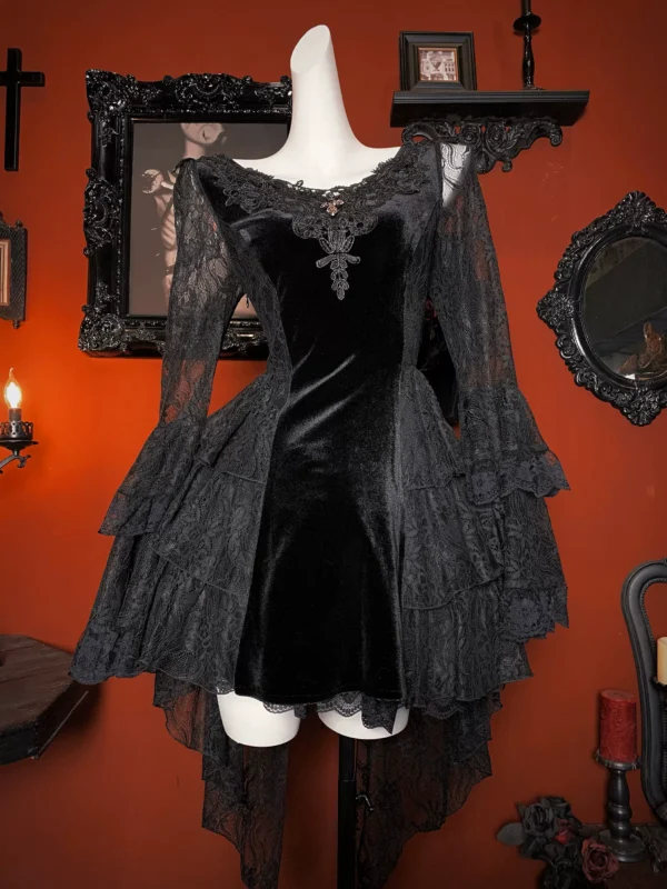 O1CN01sqq57o2LSXOxlgRUI_853359691 Dark in Love Gothic Velvet & Lace Flare Sleeve Mini Dress with Train – Vintage Dark Romantic High-Low Dress (DW1128)