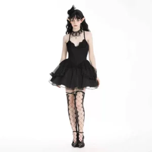 Black Swan Gothic Ballet Mesh Mini Dress – Dark Romantic Lace Layered Tulle Party Dress (DW797)