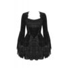 Gothic Luxe Lace-Trim Pattern Velvet Mini Dress – Dark Romantic Flare Sleeve Victorian Goth Party Dress (DW930)