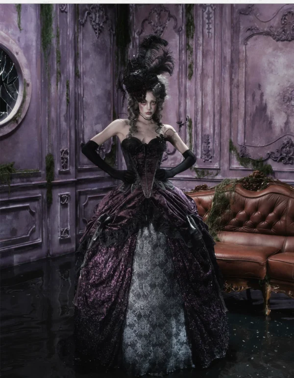 Blood Supply Gothic Purple Velvet Maxi Skirt Set – Vintage Dark Romantic High-Waist Overskirt & Underskirt for Halloween