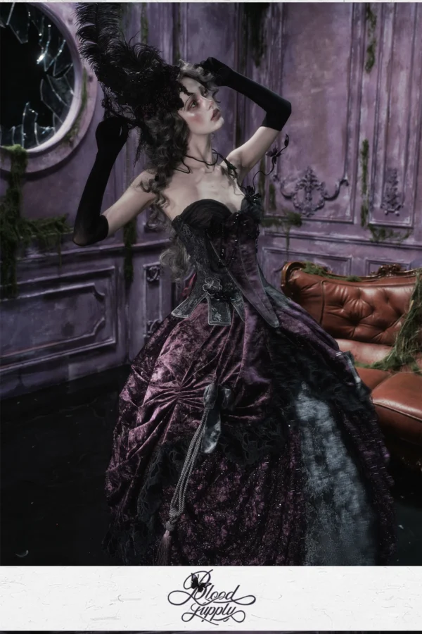 Blood Supply Gothic Purple Velvet Maxi Skirt Set – Vintage Dark Romantic High-Waist Overskirt & Underskirt for Halloween