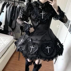 Gothic Cross Pearl Heart Short OP Dress with Cape – Dark Romantic Lolita Double-Breasted Mini Dress & Capelet Set