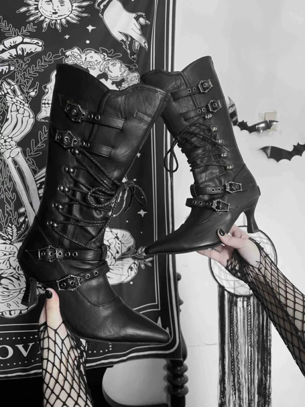 O1CN0138V7nz1pwFJNRPzte_!!2213089975424 Dark Night Duchess Gothic Medieval Pointed Toe Stiletto Calf Boots – Lace-Up Buckling Mid-Calf Boots for Women in Black & White