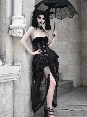 Blood Supply Gothic Velvet Boned Cage Corset Dress – Hell’s Alice Dark Romantic Lace Up Bustier with Mesh Train & Pumpkin Shorts Set for Halloween