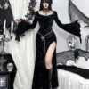 Wannathis Morticia Addams Gothic Black Velvet Maxi Dress – Bell Sleeve High Slit Long Evening Dress for Halloween & Cosplay
